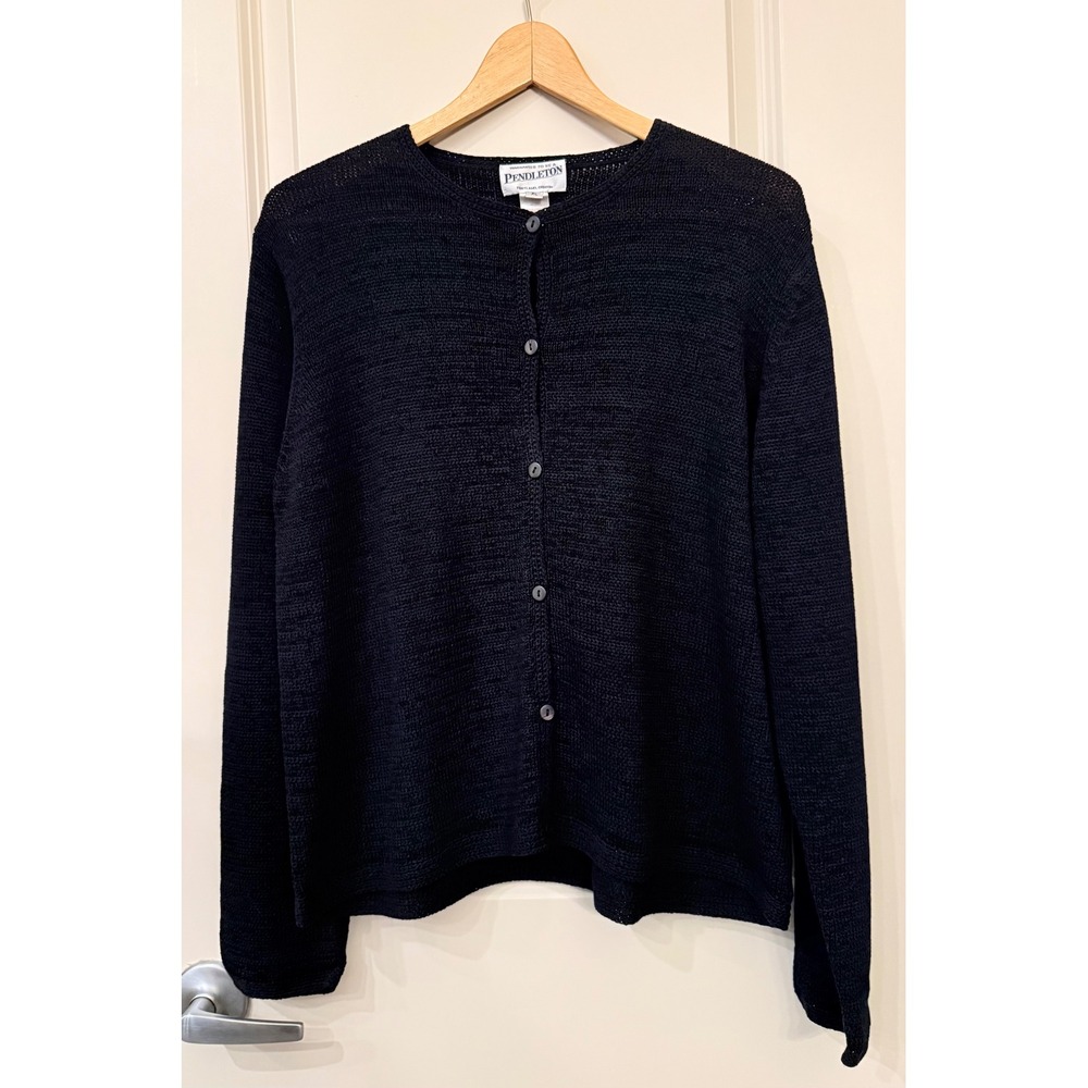 Pendleton Women's Black Cotton Blend Textured Knit Crew Neck Cardigan Sweater XL
